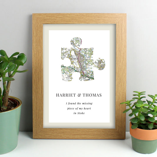 Personalised Present Day Map Puzzle Piece A4 Oak Framed Print