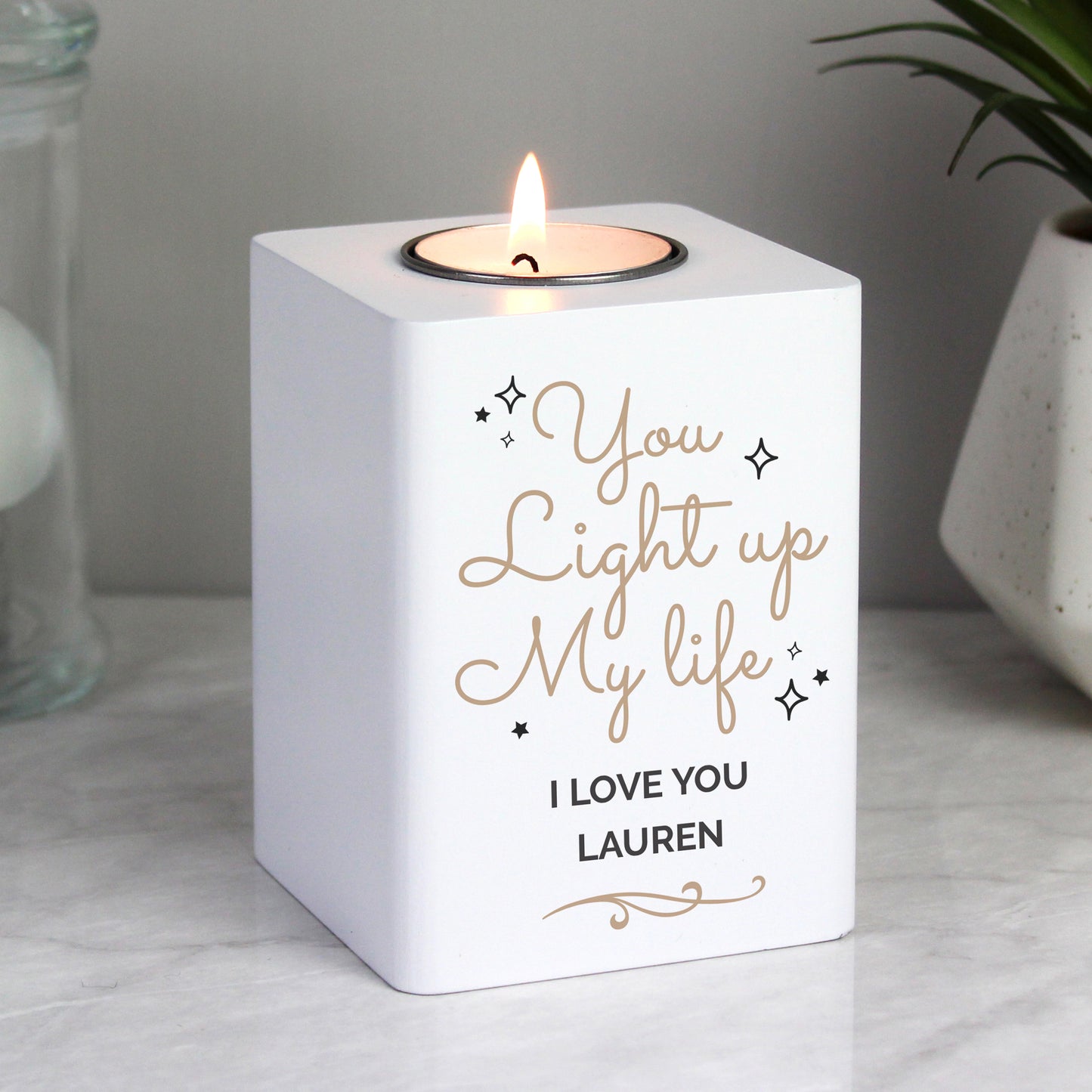 Personalised Light Up My Life White Wooden Tea light Holder