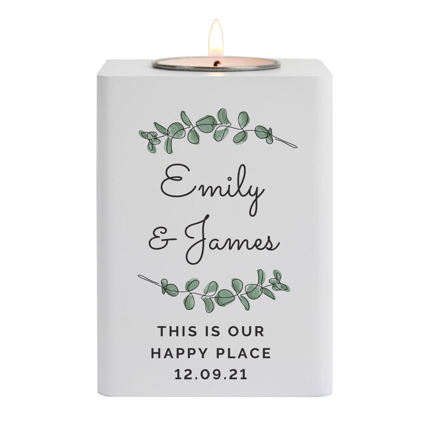 Personalised Botanical White Wooden Tea light Holder