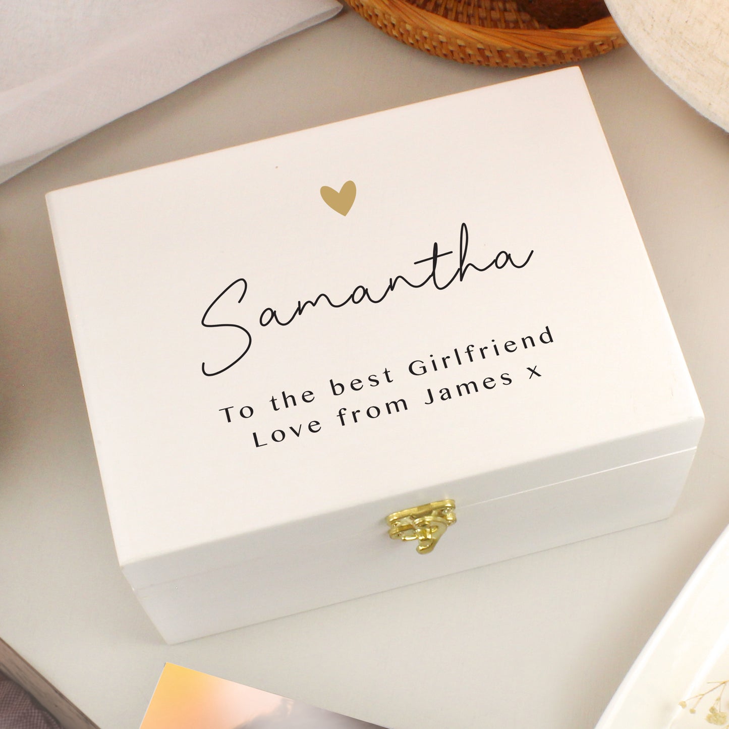 Personalised Gold Heart White Memory Box