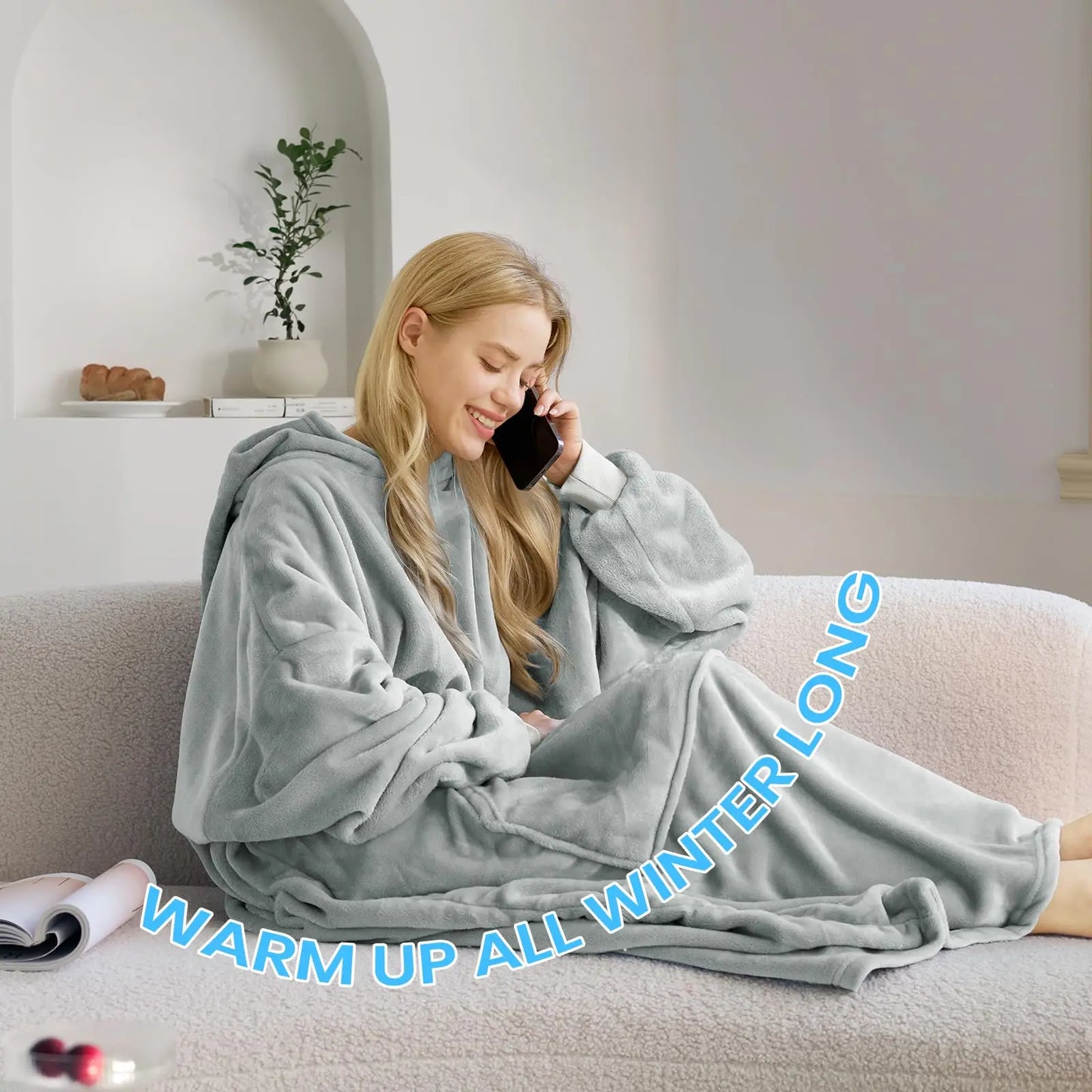 Good Nite Grey Flannel Hoodie Blanket - Full length with Pockets