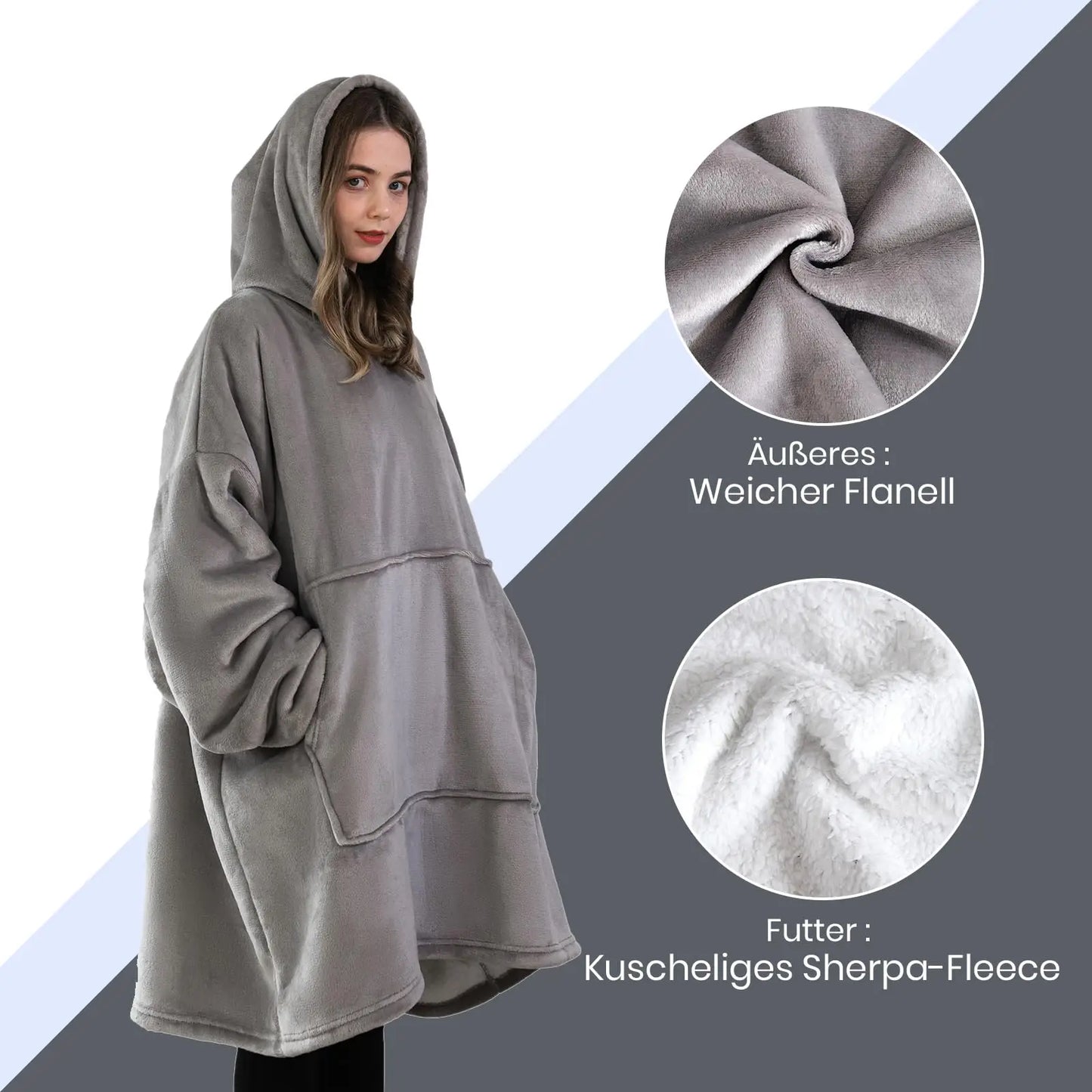 Good Nite Grey Flannel Hoodie Blanket - Midlength with Pockets