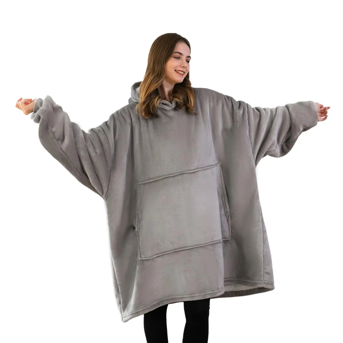 Good Nite Grey Flannel Hoodie Blanket - Midlength with Pockets