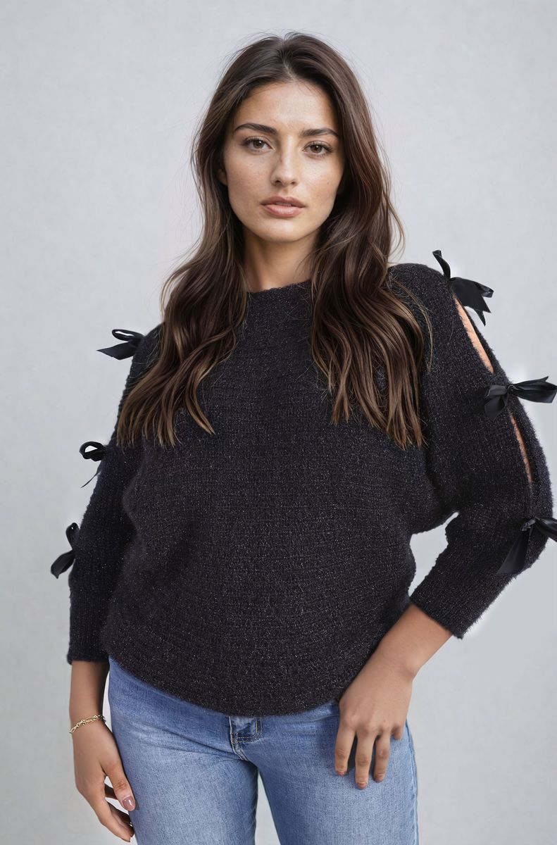 Cut Out Tie Bow Sleeve Detail Chunky Knitted Top