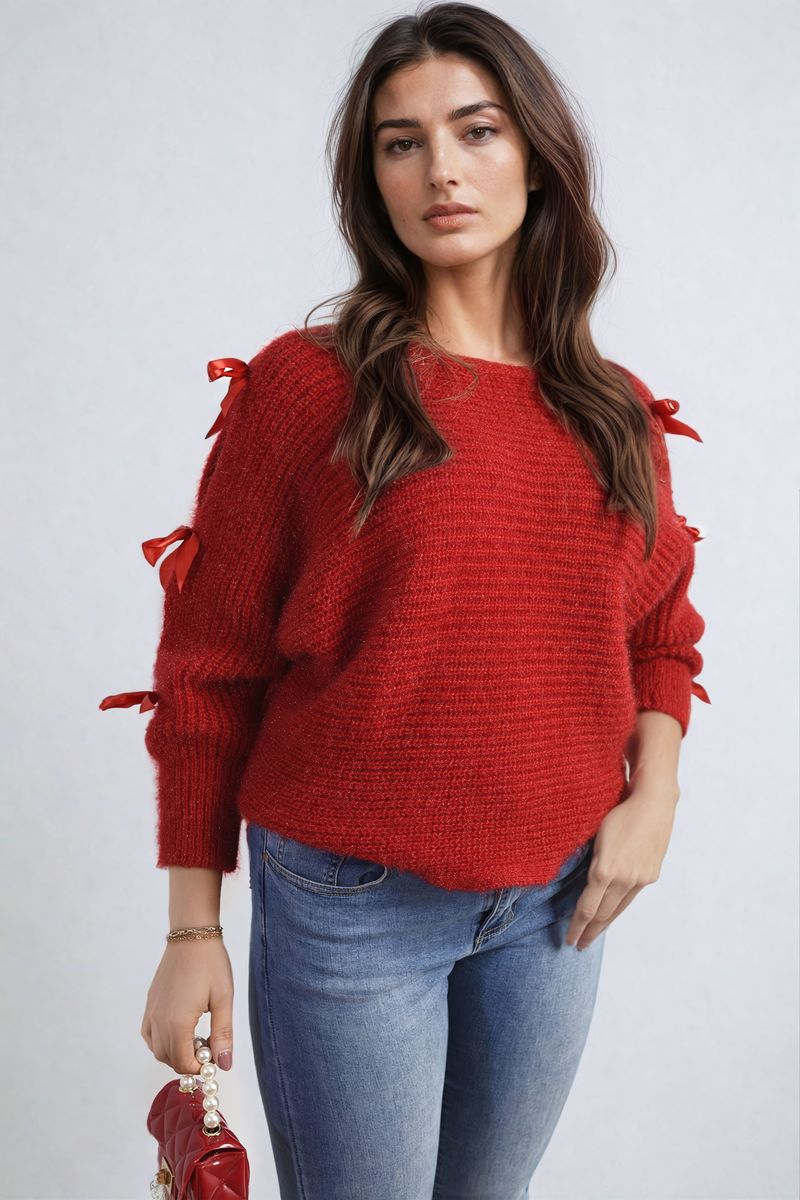 Cut Out Tie Bow Sleeve Detail Chunky Knitted Top