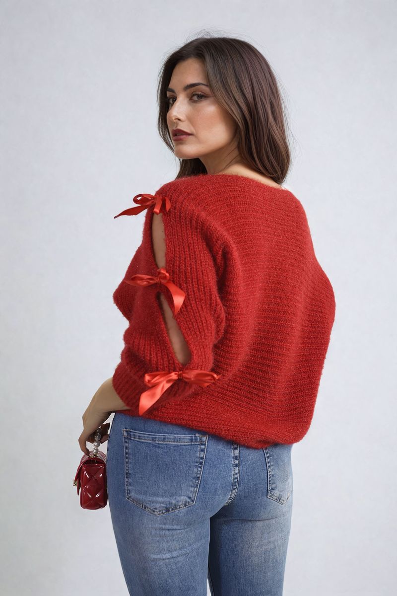 Cut Out Tie Bow Sleeve Detail Chunky Knitted Top