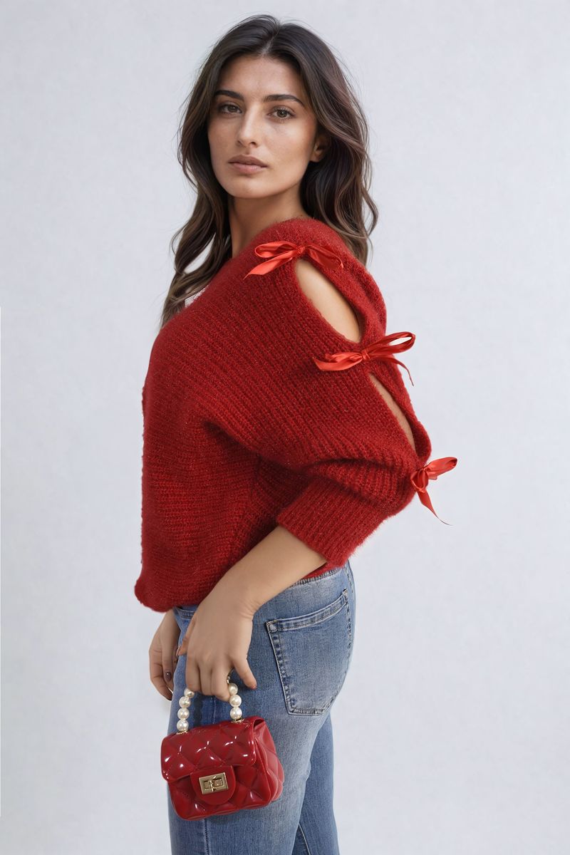 Cut Out Tie Bow Sleeve Detail Chunky Knitted Top