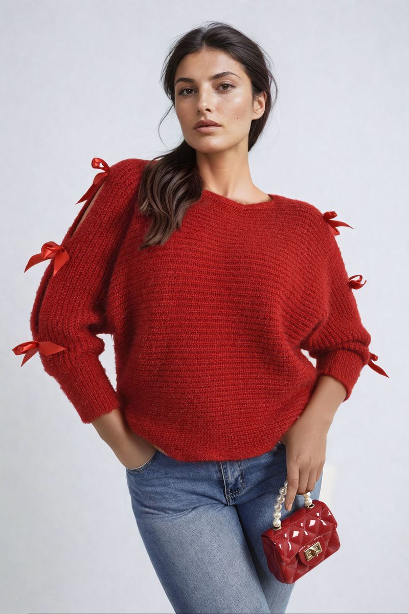 Cut Out Tie Bow Sleeve Detail Chunky Knitted Top