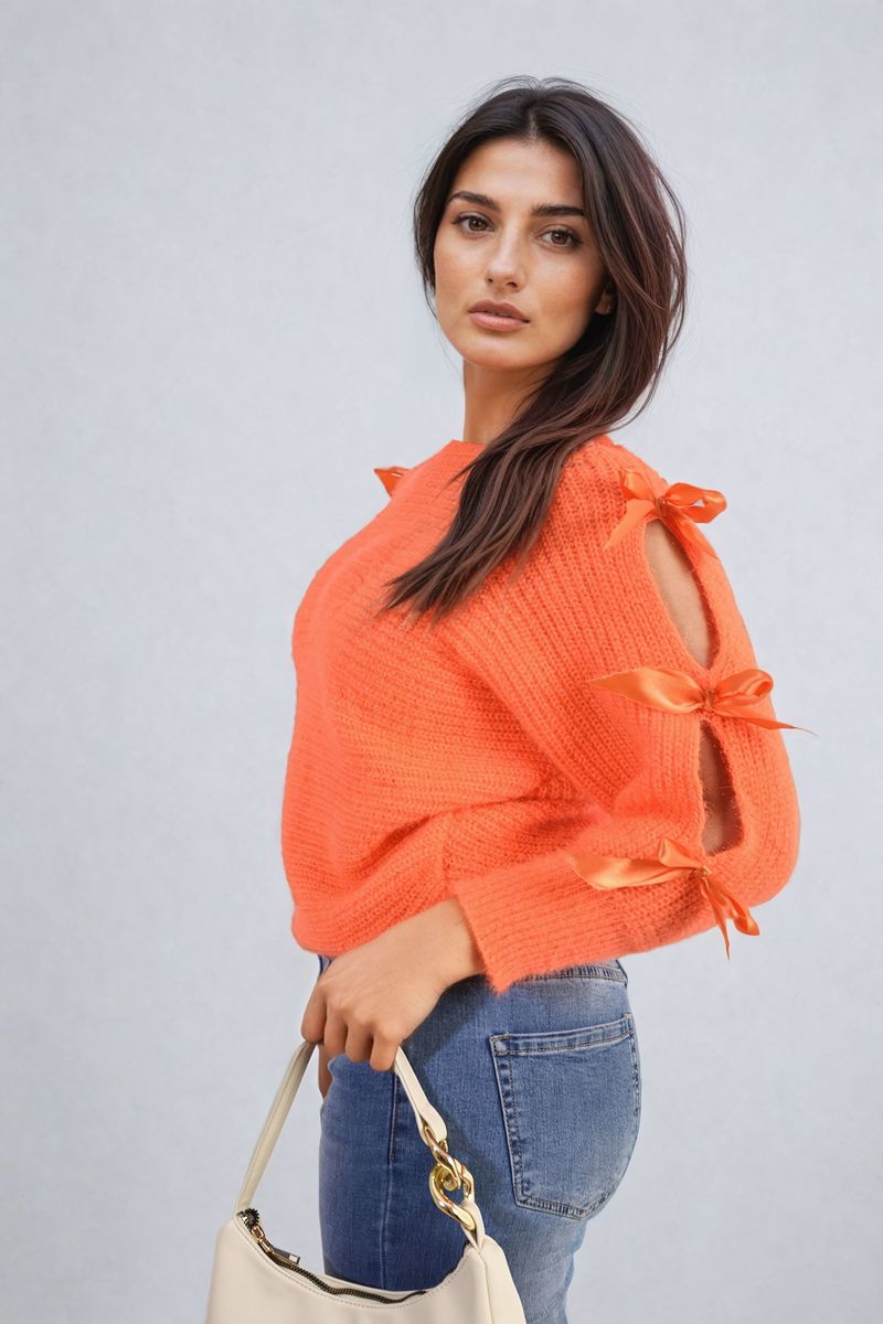 Cut Out Tie Bow Sleeve Detail Chunky Knitted Top