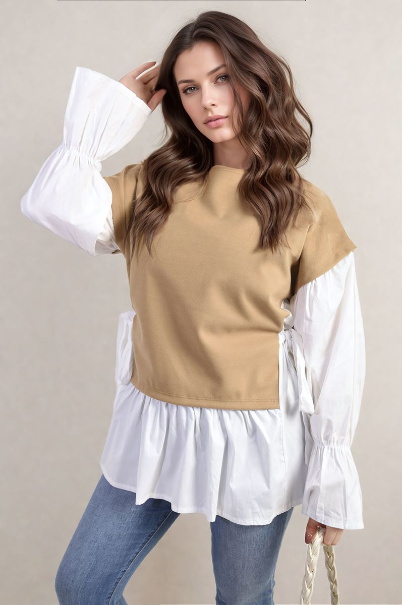 Side Tie Contrast Long Sleeve Knit Frill Top