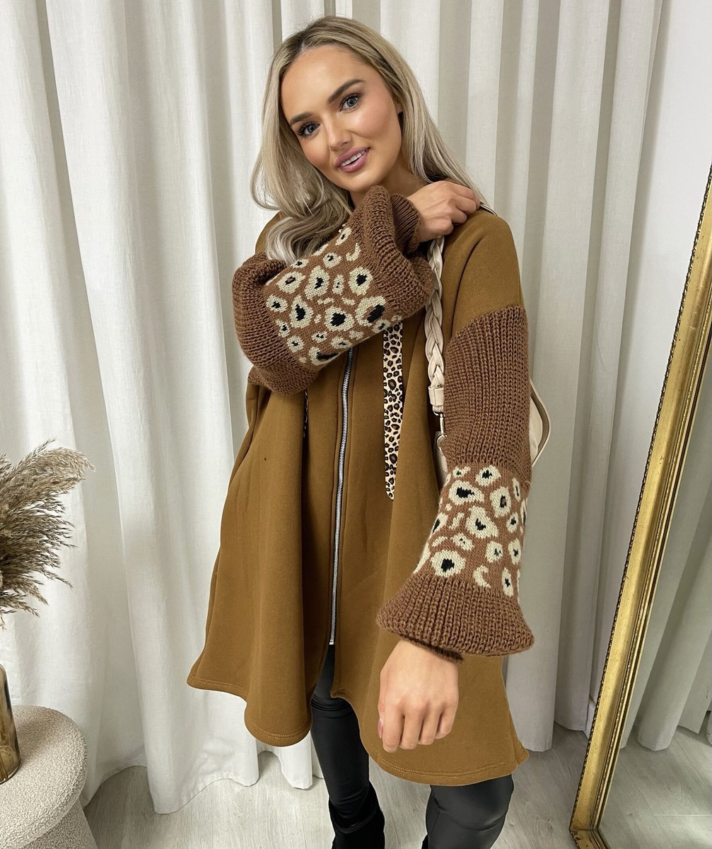 Leopard Print Knitted Sleeve Hoodie