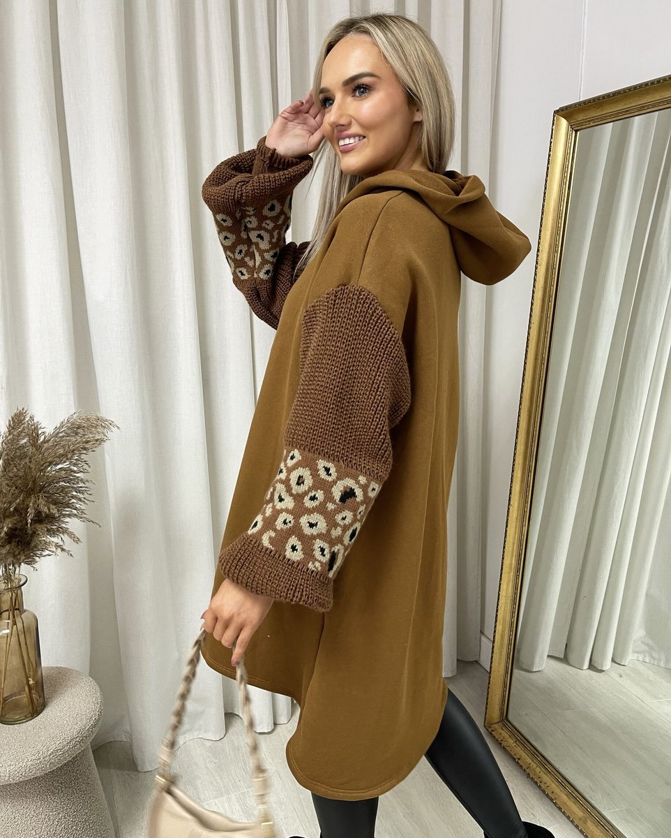 Leopard Print Knitted Sleeve Hoodie