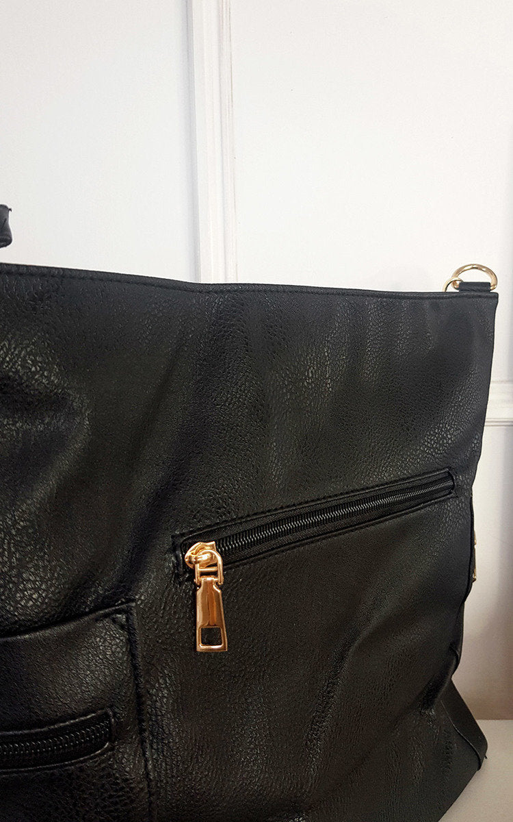 Faux Leather Shoulder Bag with Side Pocket Zip Detail