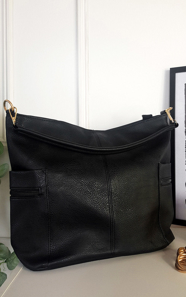 Faux Leather Shoulder Bag with Side Pocket Zip Detail