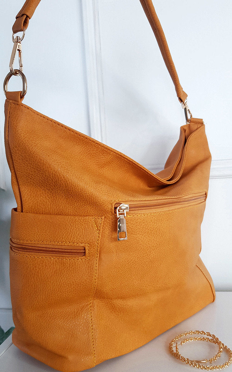 Faux Leather Shoulder Bag with Side Pocket Zip Detail