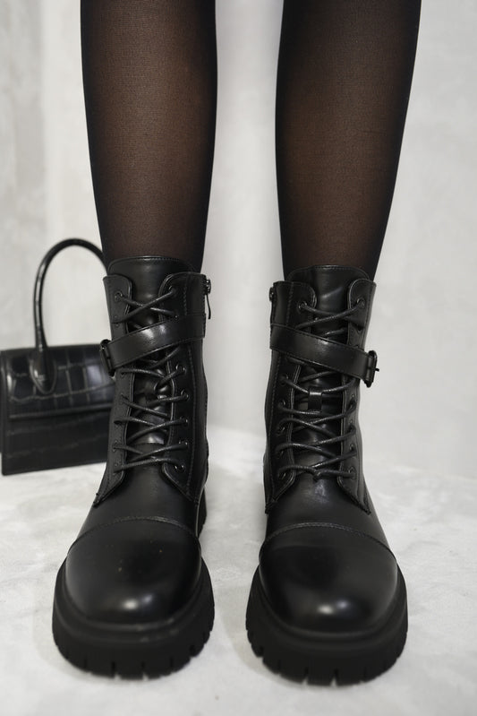 Lace Up Buckle Chunky Combat Boots