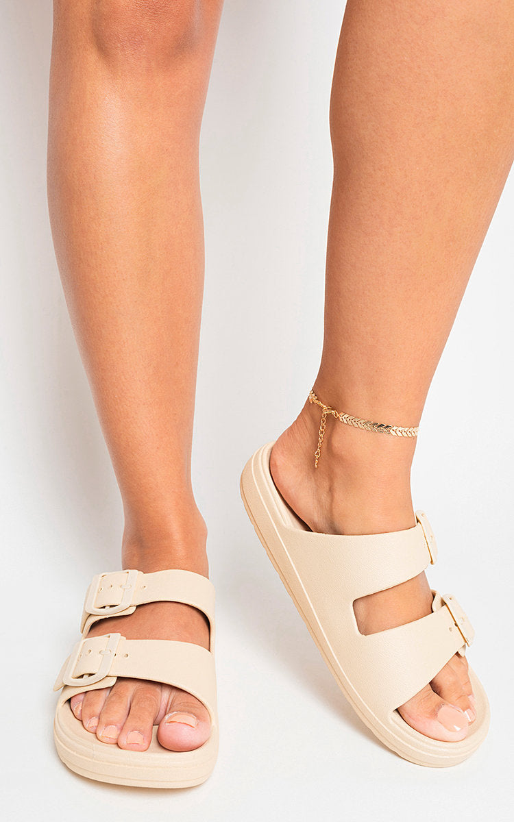 Double Strap Slip On Buckled Sandals