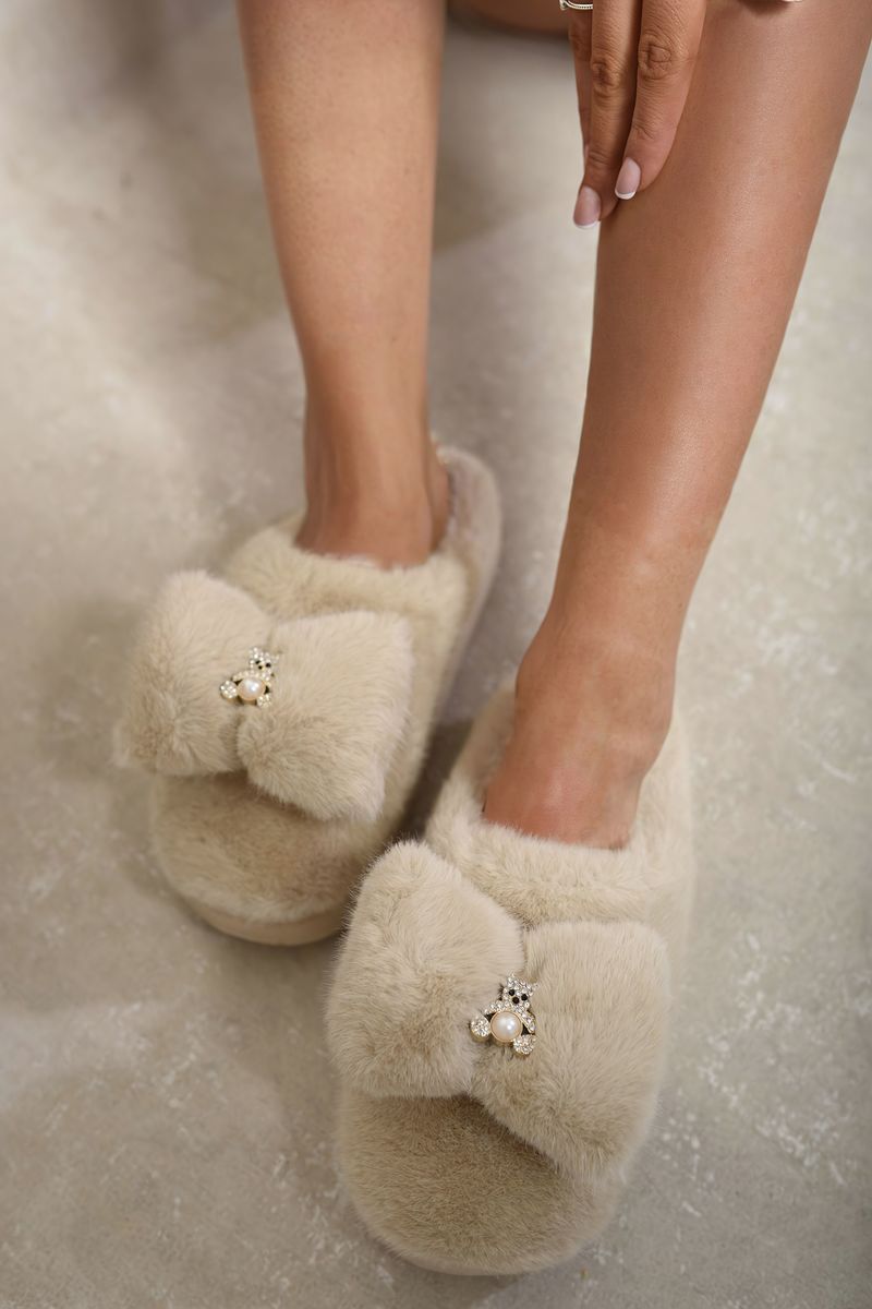 Teddy Bear Bow Faux Fur Fluffy Slippers