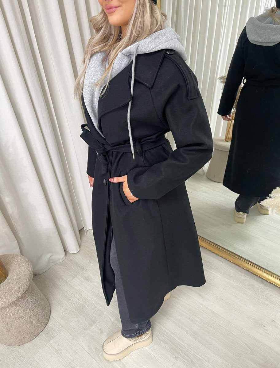 Belted Button Hooded Trench Coat