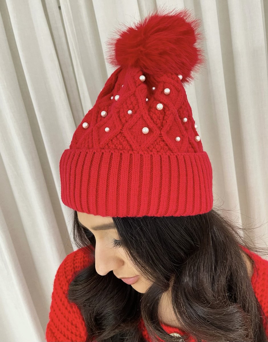 Pom Pom Knitted Winter Hat With Pearl Decor