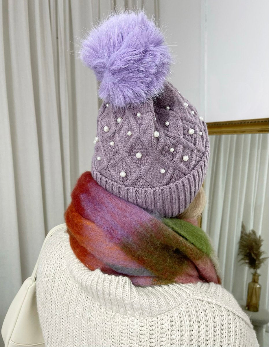 Pom Pom Knitted Winter Hat With Pearl Decor