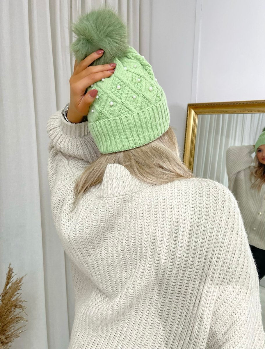 Pom Pom Knitted Winter Hat With Pearl Decor