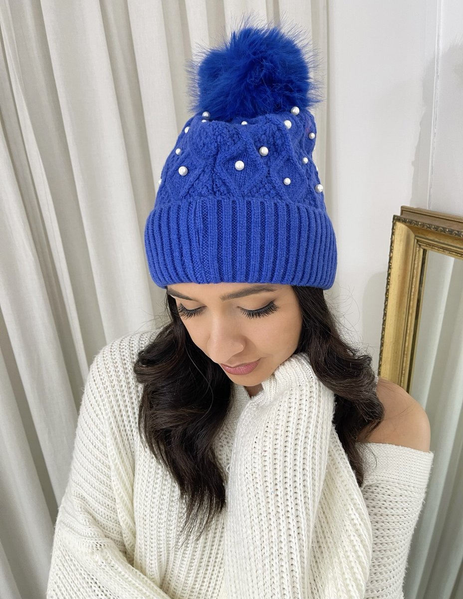 Pom Pom Knitted Winter Hat With Pearl Decor