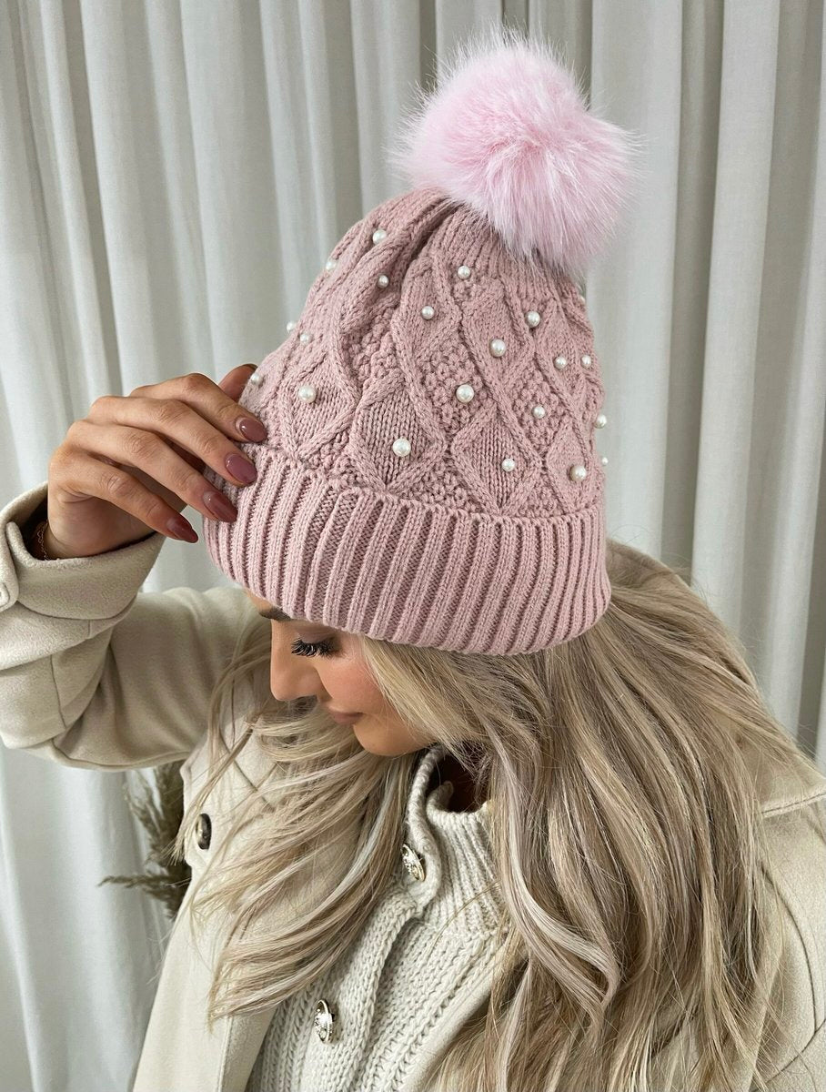 Pom Pom Knitted Winter Hat With Pearl Decor