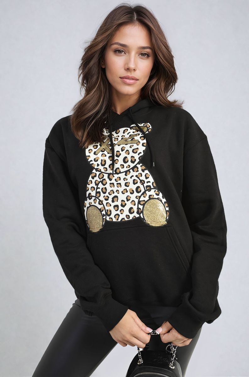 Long Sleeve Leopard Print Teddy Graphic Hoodie