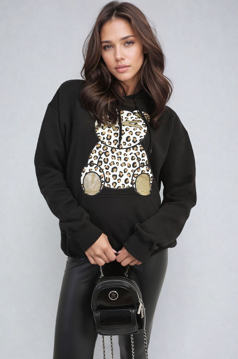 Long Sleeve Leopard Print Teddy Graphic Hoodie