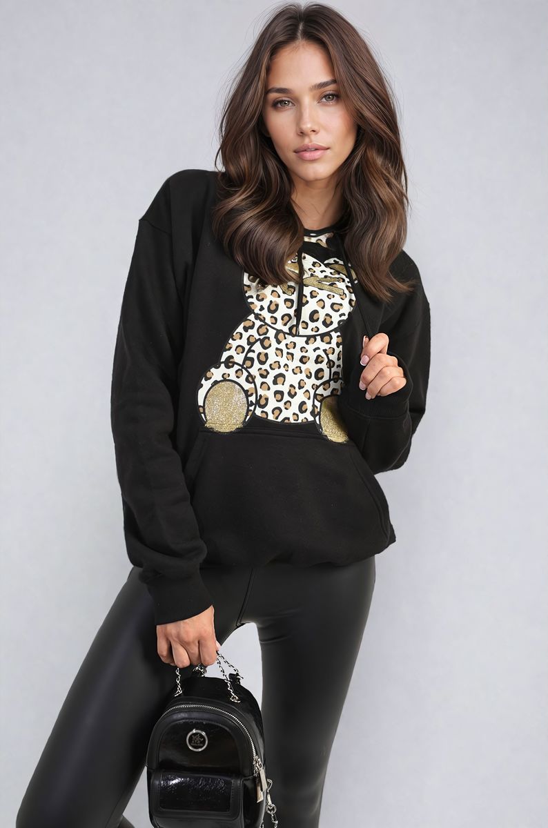 Long Sleeve Leopard Print Teddy Graphic Hoodie