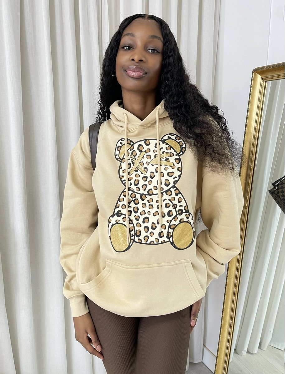 Long Sleeve Leopard Print Teddy Graphic Hoodie