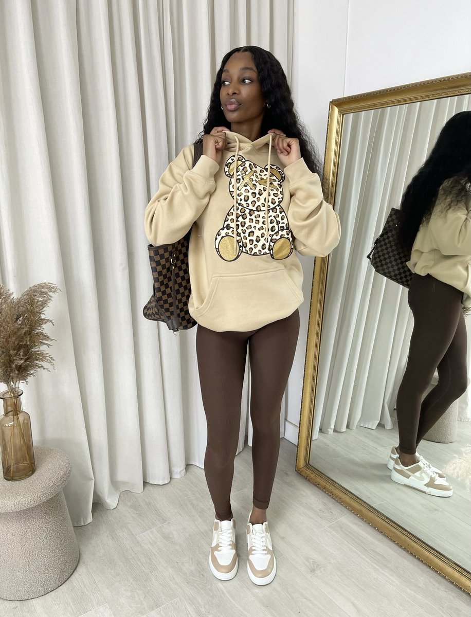 Long Sleeve Leopard Print Teddy Graphic Hoodie