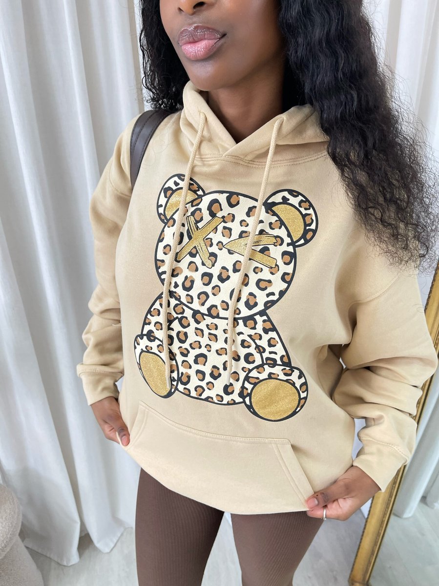 Long Sleeve Leopard Print Teddy Graphic Hoodie