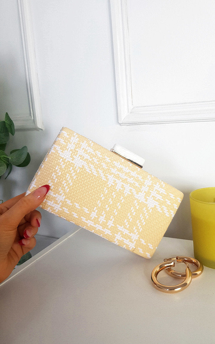 Woven Box Clutch with Long Strap Detail