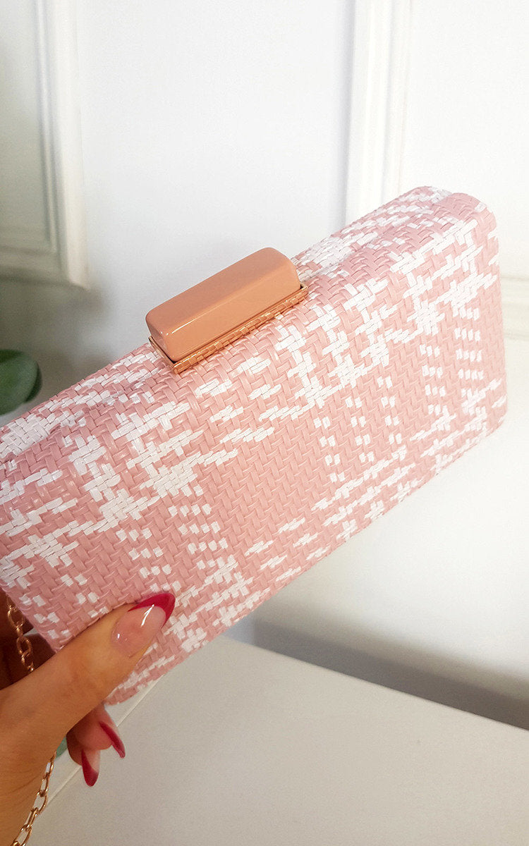 Woven Box Clutch with Long Strap Detail