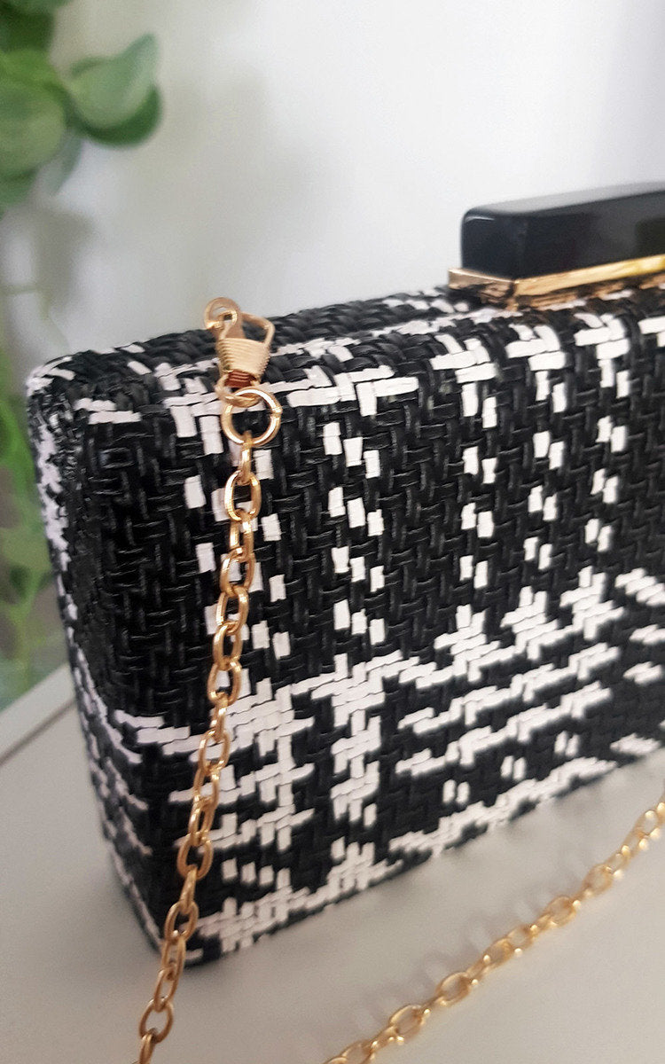 Woven Box Clutch with Long Strap Detail