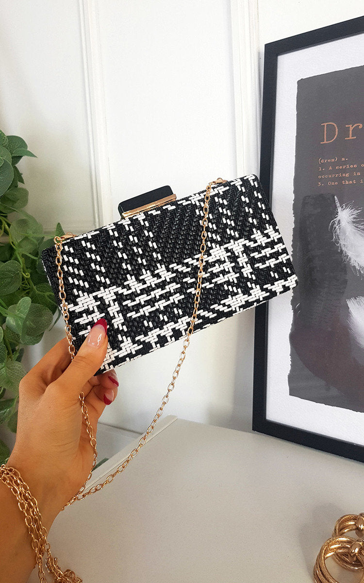 Woven Box Clutch with Long Strap Detail