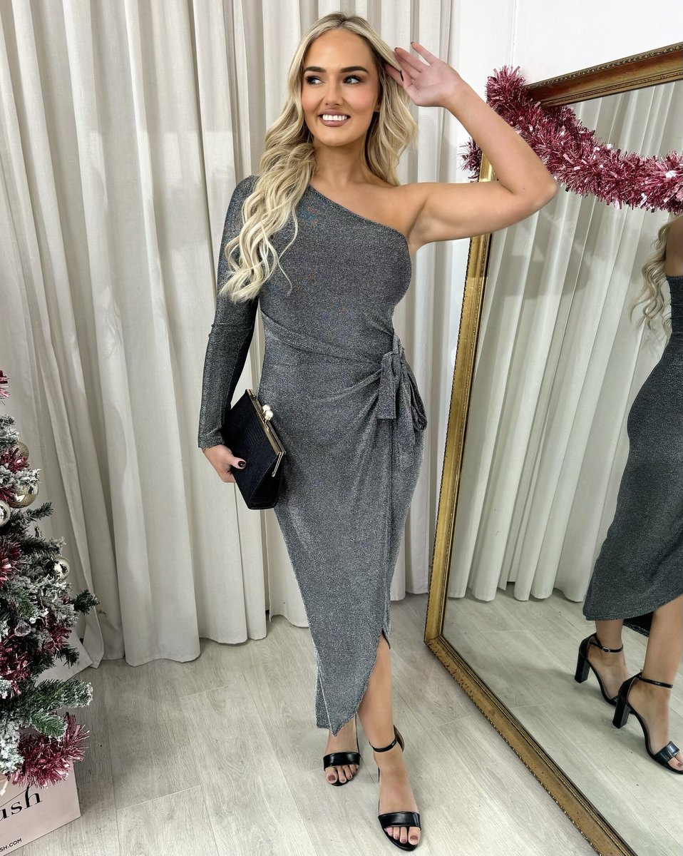 One Shoulder Wrap Front Glitter Midi Dress