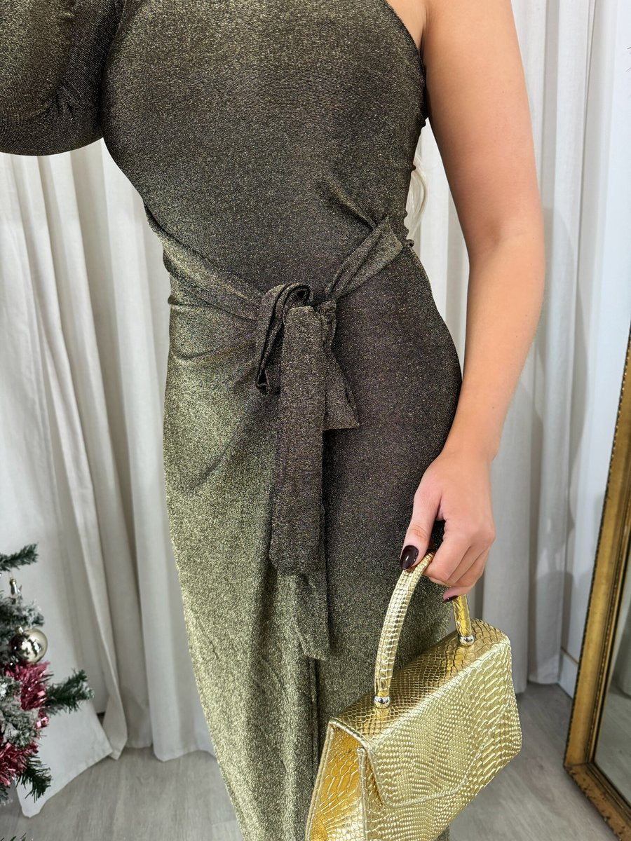 One Shoulder Wrap Front Glitter Midi Dress