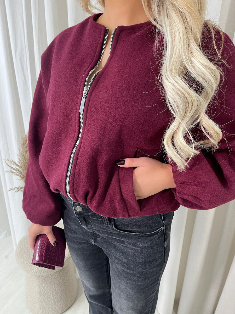 Cropped Zip Up Balloon Sleeve Bomber Jacket