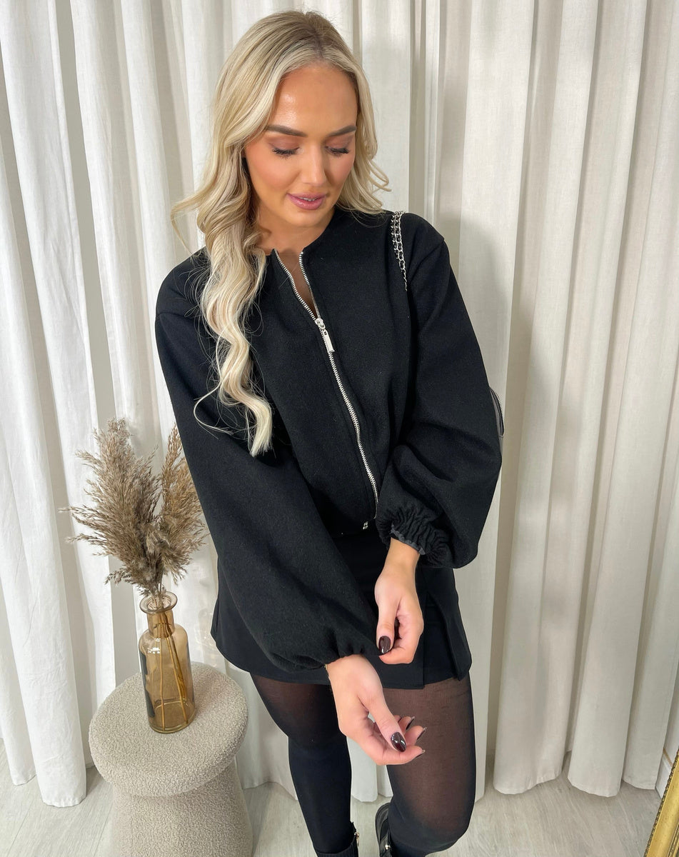 Cropped Zip Up Balloon Sleeve Bomber Jacket