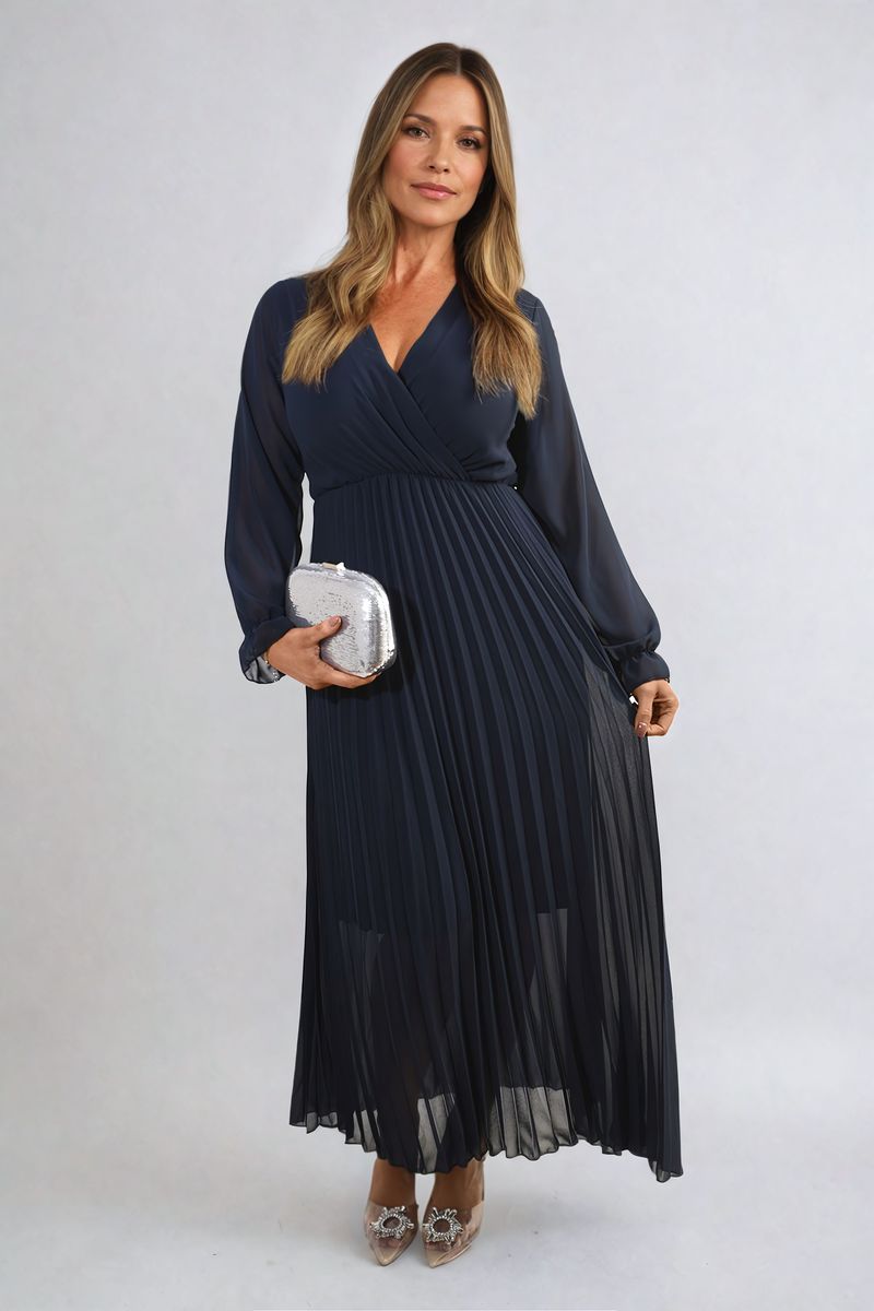 Long Sleeve V-Neck Pleated Maxi Dress