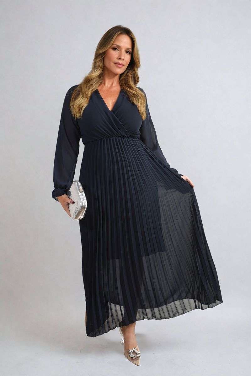 Long Sleeve V-Neck Pleated Maxi Dress