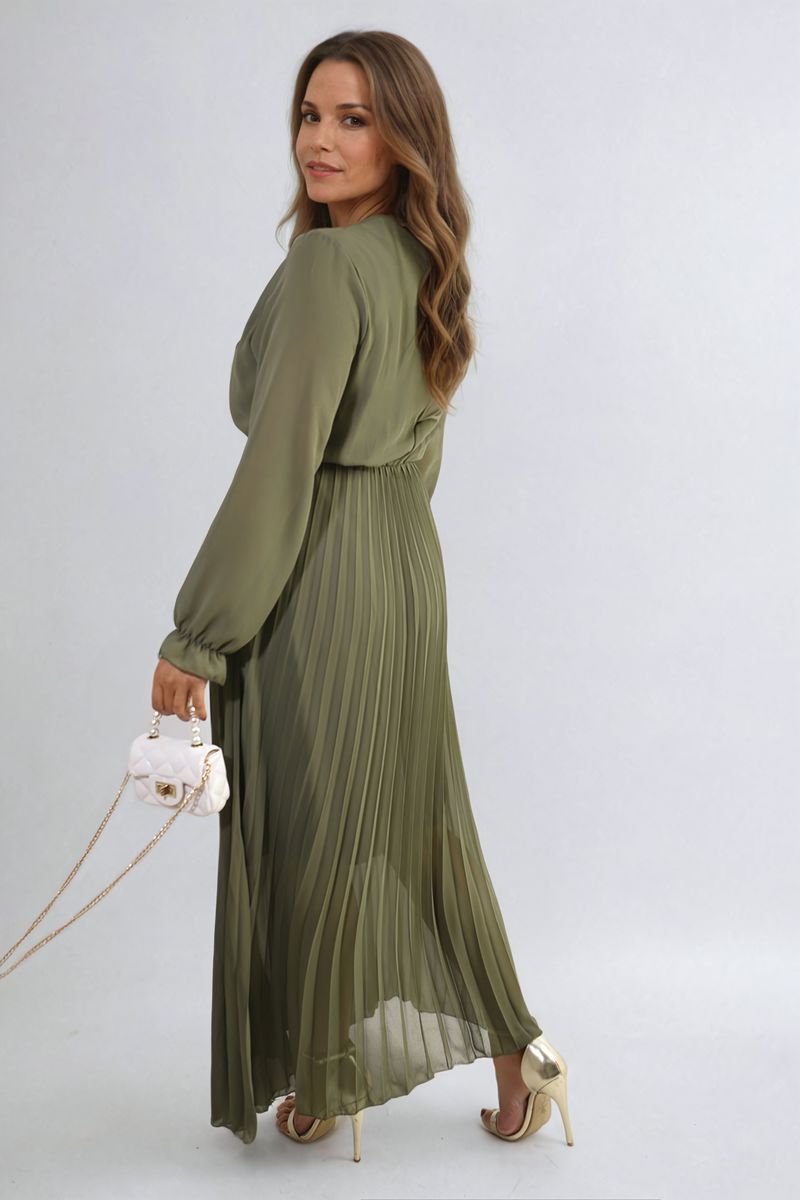 Long Sleeve V-Neck Pleated Maxi Dress