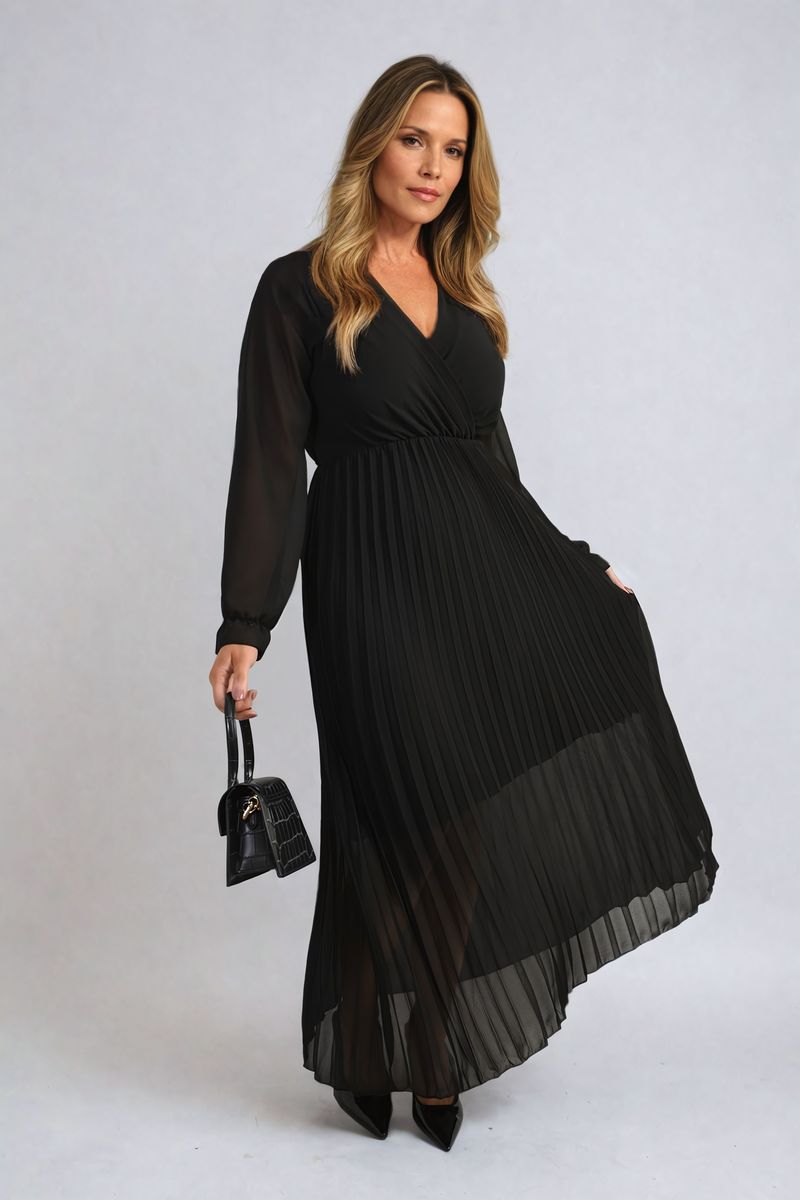 Long Sleeve V-Neck Pleated Maxi Dress