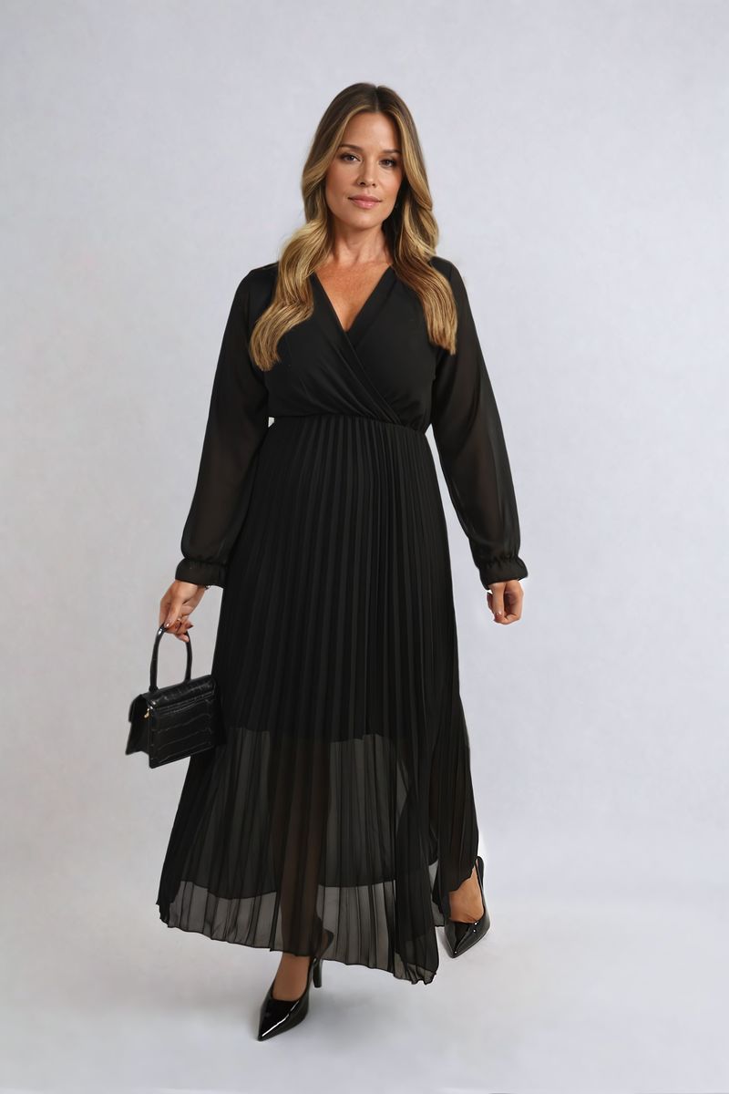 Long Sleeve V-Neck Pleated Maxi Dress