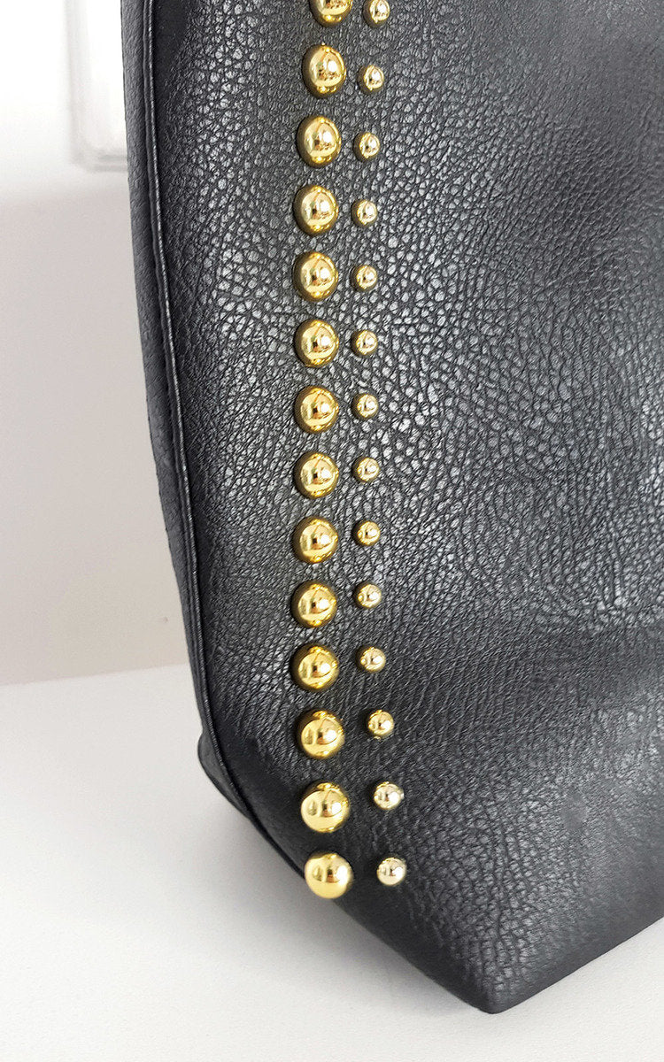 Faux Leather Studded Bag with Gold Chain Detail