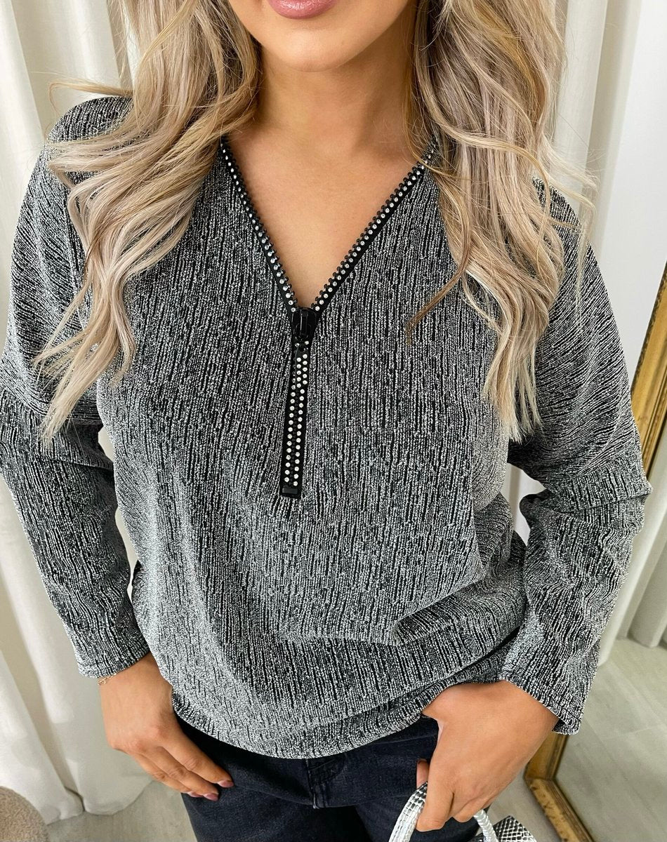 Front Zip Detail Glitz Top