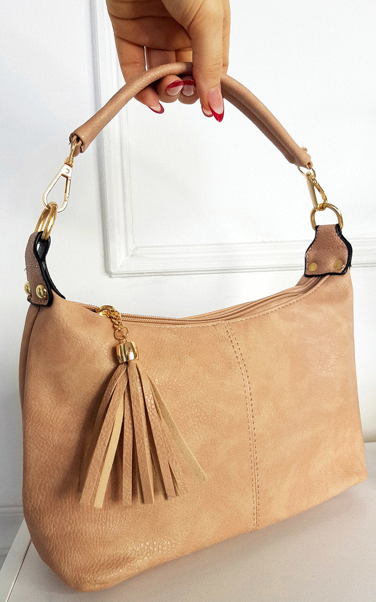 Faux Leather Shoulder Bag with Tassel Zip and Removable Strap